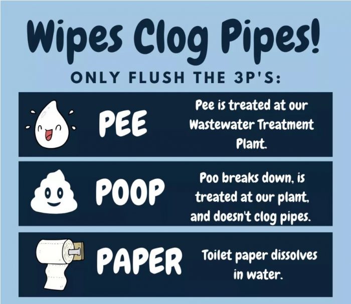 wipes clog pipes! only flush pee, poop, and paper